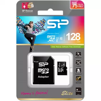 Cartão de memória MicroSDXC Silicon Power 128 GB UHS‑I (Class 10, U1), 85 MB/s, preto, com adaptador SD