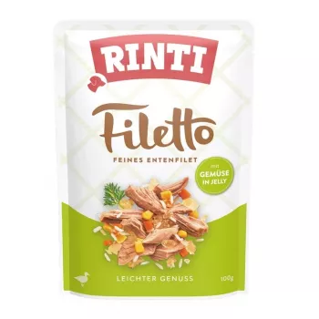 Ração húmida para cães RINTI Filetto Filete de pato com legumes 100 g saqueta, alimento completo, 15% proteína, 1% gordura, 81% humidade