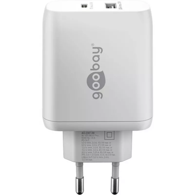 Carregador duplo rápido USB-C, PD, GaN, 65 Watt (branco, 1x USB-C, 1x USB-A, Power Delivery)