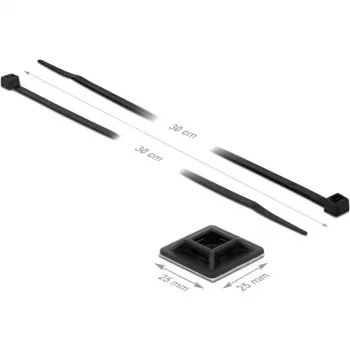 Base de fixação 25 x 25mm com abraçadeira L 300 x L 4,8mm preto, 10 pares