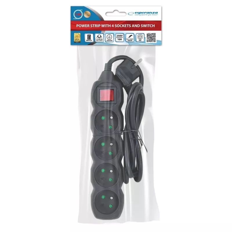 Extensão elétrica ESPERANZA ELK212K — cabo de 1,5 m, 4 tomadas Tipo E, interior, preto