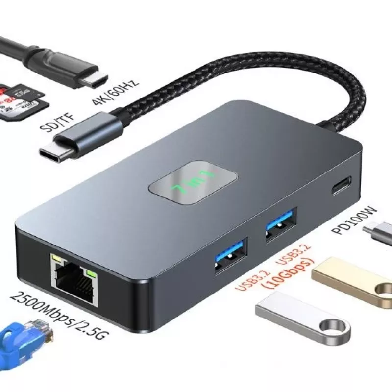 Adaptador Hub TB USB-C (7-em-1) HDMI USB SD/TF RJ45 (2500 Mbit/s) PD