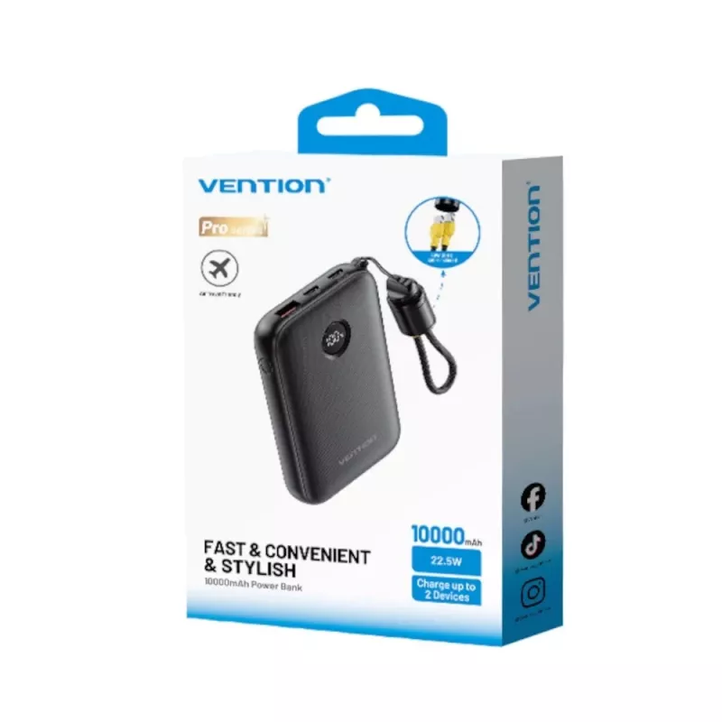 Powerbank Vention FKAB0-C 10000 mAh, 2× USB-C + 1× USB-A, 22,5 W, preto