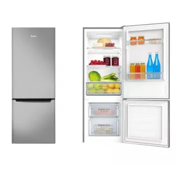 Combinado de frigorífico e congelador de instalação livre AMICA KGCL 384 160 E, total 205 L, frigorífico 153 L, congelador 52 L, congelador em baixo, aço inoxidável