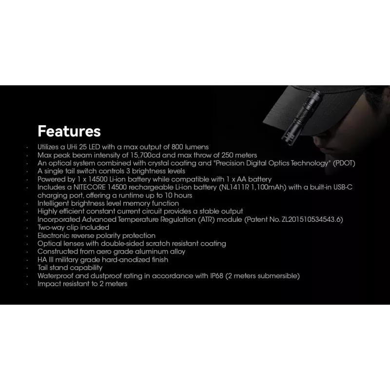 Lanterna de mão Nitecore MT1A Pro — LED 50 lm, recarregável por USB, 1100 mAh, alumínio, à prova de água, resistente a choques, preto