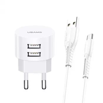 Carregador usams XTXLOGT18TC05 com 2 portas USB e cabo USB-C integrado, saída 2,1A