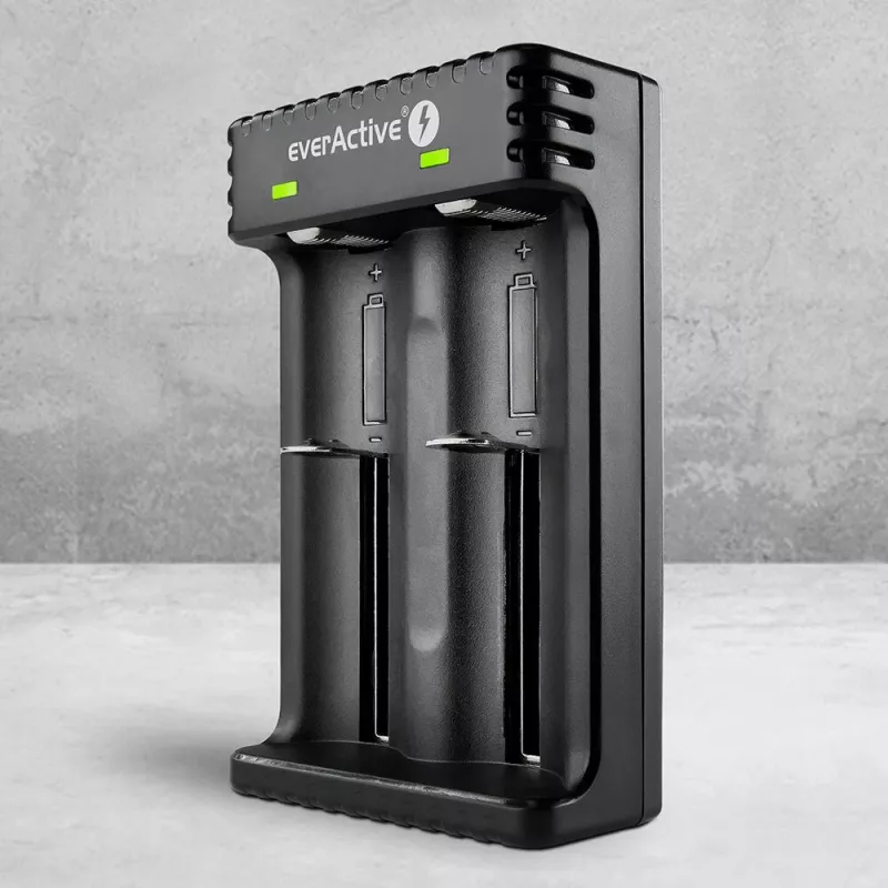 Carregador de pilhas everActive LC200 doméstico USB, 2 compartimentos, Li-Ion, compatível com A/AA/AAA/AAAA/C/D, entrada 5 V, saída 4,2 V, preto