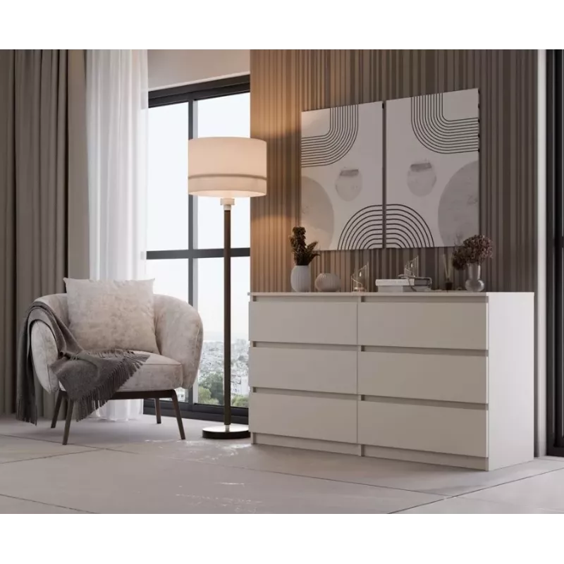 Cómoda MALWA M6/140 da top e shop — 6 gavetas, 1380×400×750 mm, laminado caxemira