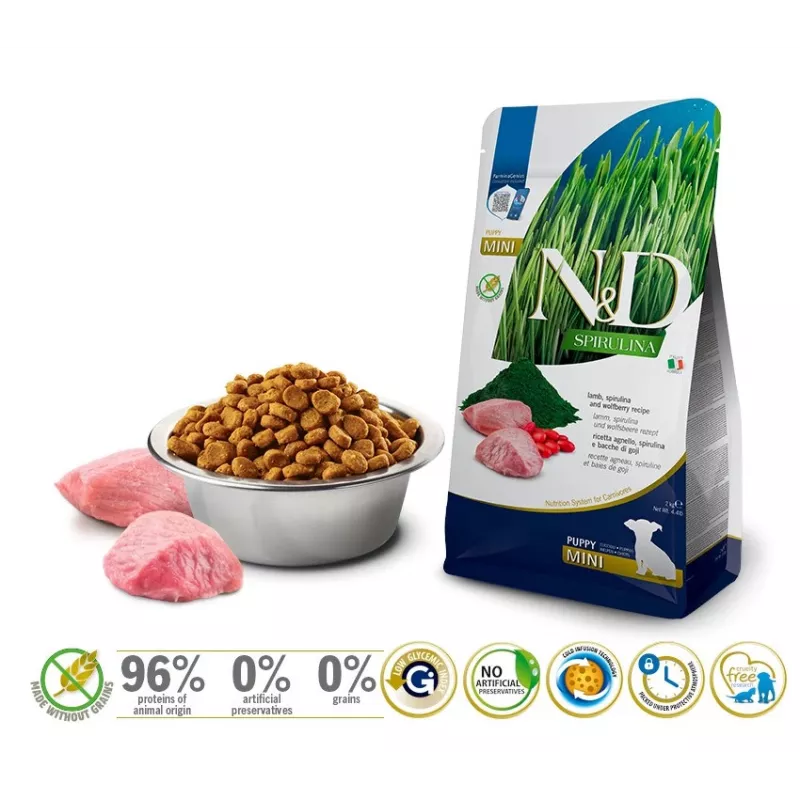 FARMINA N&D Spirulina Lamb Puppy Mini – comida seca para cães – 2 kg