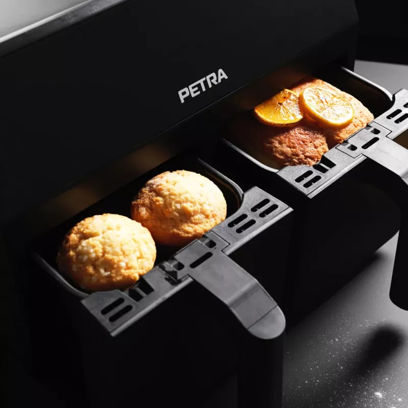 Fritadeira de ar quente Petra PT4750BLKVDEEU7, câmara dupla, capacidade 3,7 L, preta