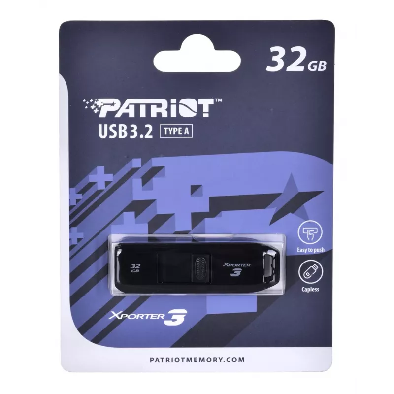Pen drive PATRIOT Xporter 32 GB USB Type-A 3.2 Gen 1, velocidade de leitura 80 MB/s, design deslizante, preto