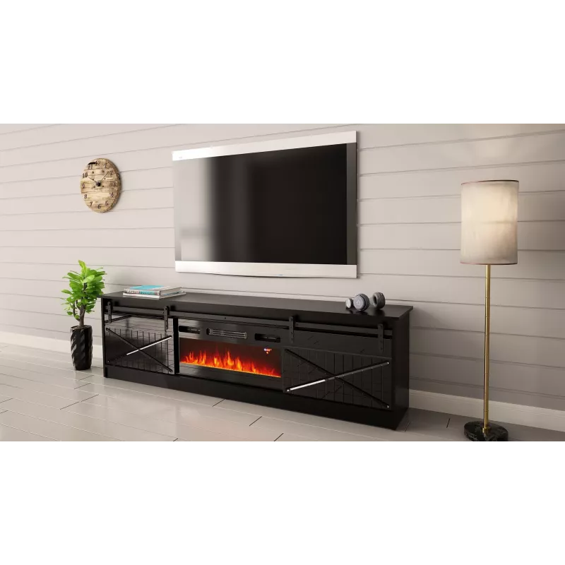Suporte de TV com lareira Cama Meble modelo GRANERO – 200 x 56,7 x 35 cm, preto/preto brilhante, 2 portas, 2 prateleiras, portas de correr, MDF/aglomerado