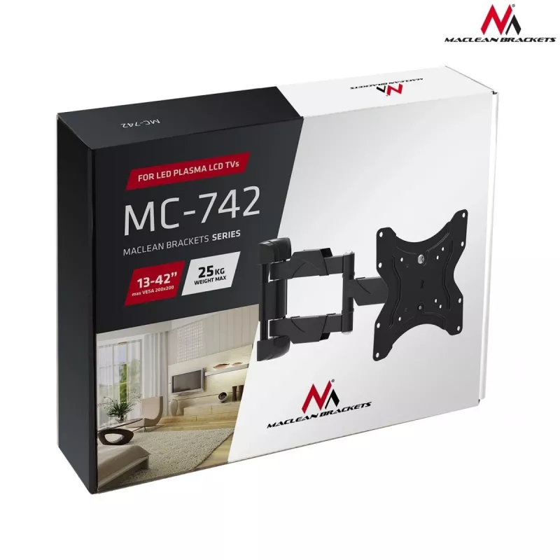 Suporte de parede para TV MACLEAN MC-742 para 42 polegadas (106,7 cm), inclinável -12°/+12°, VESA 75x75–200x200, carga máx. 30 kg, preto
