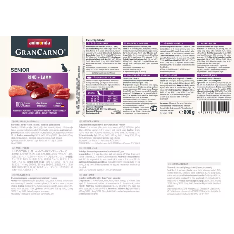 ANIMONDA GranCarno Senior vaca e borrego, comida húmida para cães, 800 g