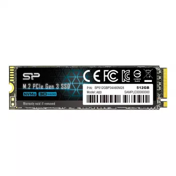 SSD M.2 NVMe Silicon Power P34A60 512 GB — PCIe, leitura 2200 MB/s, escrita 1600 MB/s, NVMe 1.3