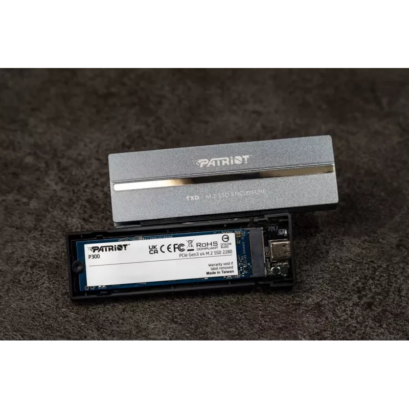 Caixa Patriot TXD PV810UPNGM para SSD M.2 NVMe, USB-C 3.2 Gen 2 (10 Gbit/s), M.2 2280, NVMe 1.3, até 8 TB, alumínio, cinzento
