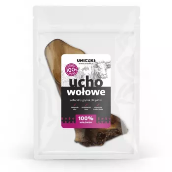 Artigo de mastigar para cães UNISZKI orelha de vaca média — artigo de mastigar natural individual para cães de porte médio e adultos, proteína 75,8 %, humidade 14,9 %