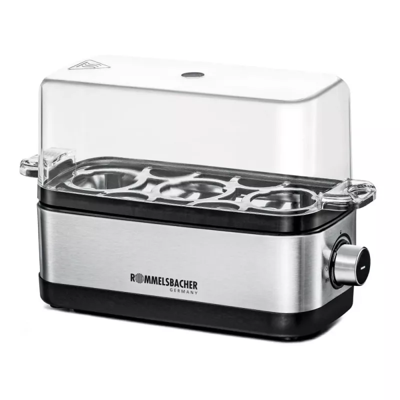 Cozedor de ovos Rommelsbacher ER 300 — 3 ovos aço inoxidável, 300 W, tampa transparente
