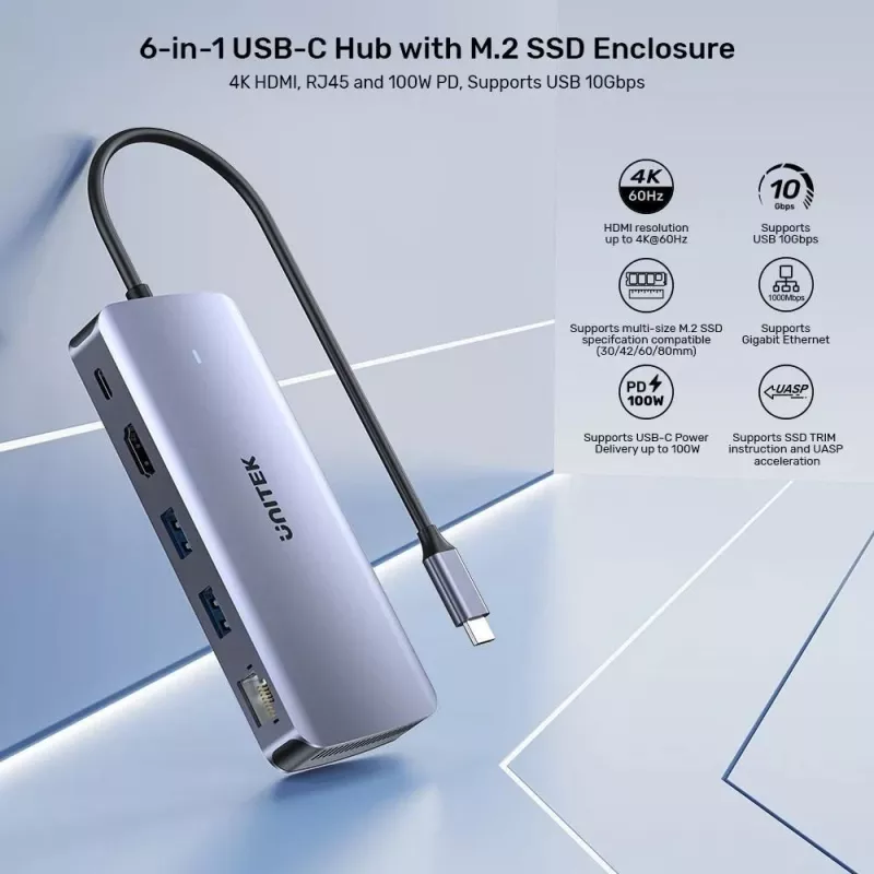 Hub ativo UNITEK USB-C 10GBPS, M.2, HDMI, PD 100W