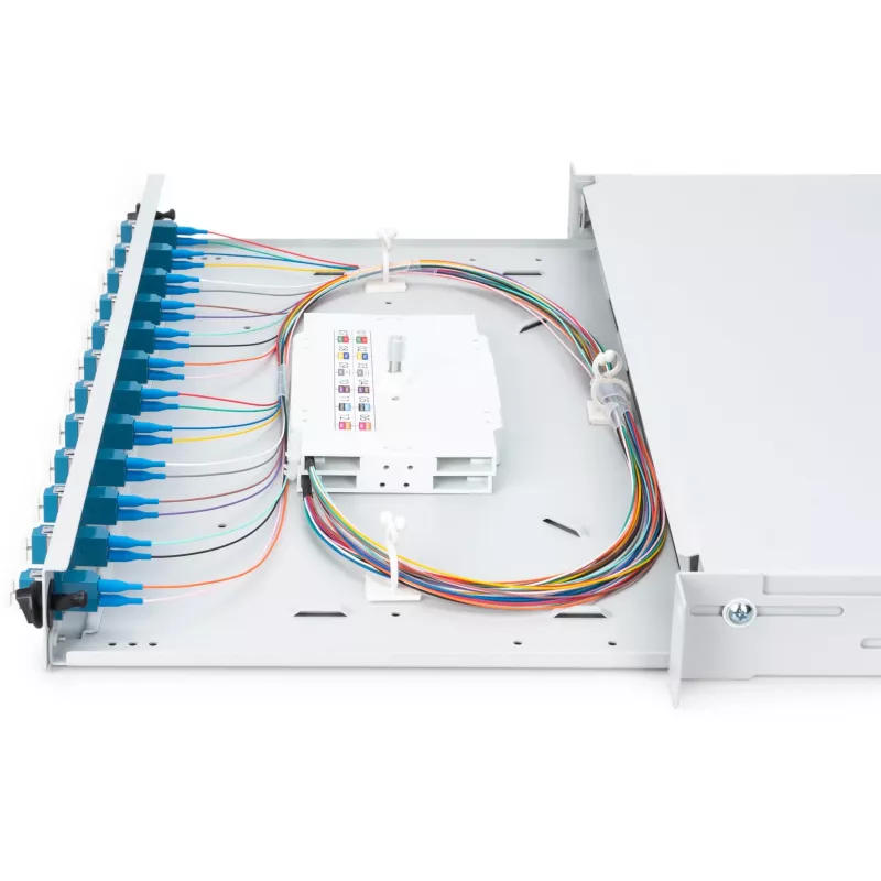 CAIXA DE FUSÃO DE FIBRA ÓTICA LC OS2 1U 12XLC OS2 PIGTAILS ACOPLADOR