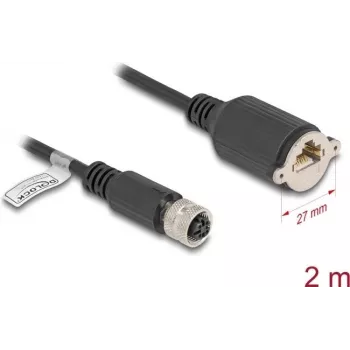 Cabo de rede DeLOCK M12 D-codificado 4 pinos conector fêmea para RJ45 Cat.5e 2 m preto