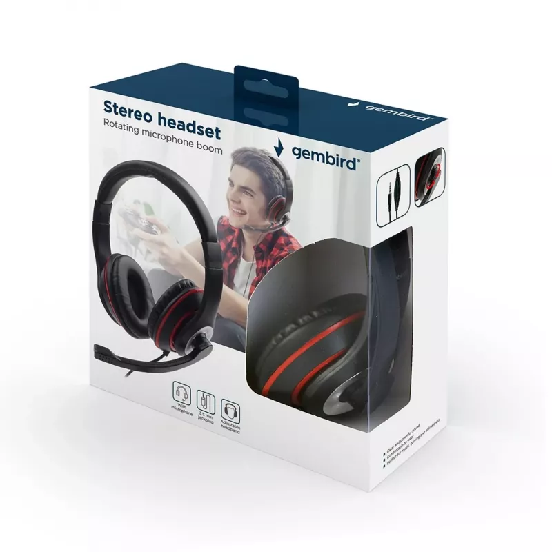 Headset gaming com fios GEMBIRD MHS-03-BKRD — binaural, circum-aural, 3,5 mm, cabo de 1,8 m, vermelho/preto