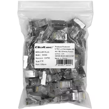 Ficha RJ45 modular QOLTEC 54554 CAT5e FTP, 100 unidades, prateado, plástico, 11×22×18 mm