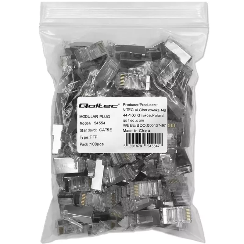 Ficha RJ45 modular QOLTEC 54554 CAT5e FTP, 100 unidades, prateado, plástico, 11×22×18 mm