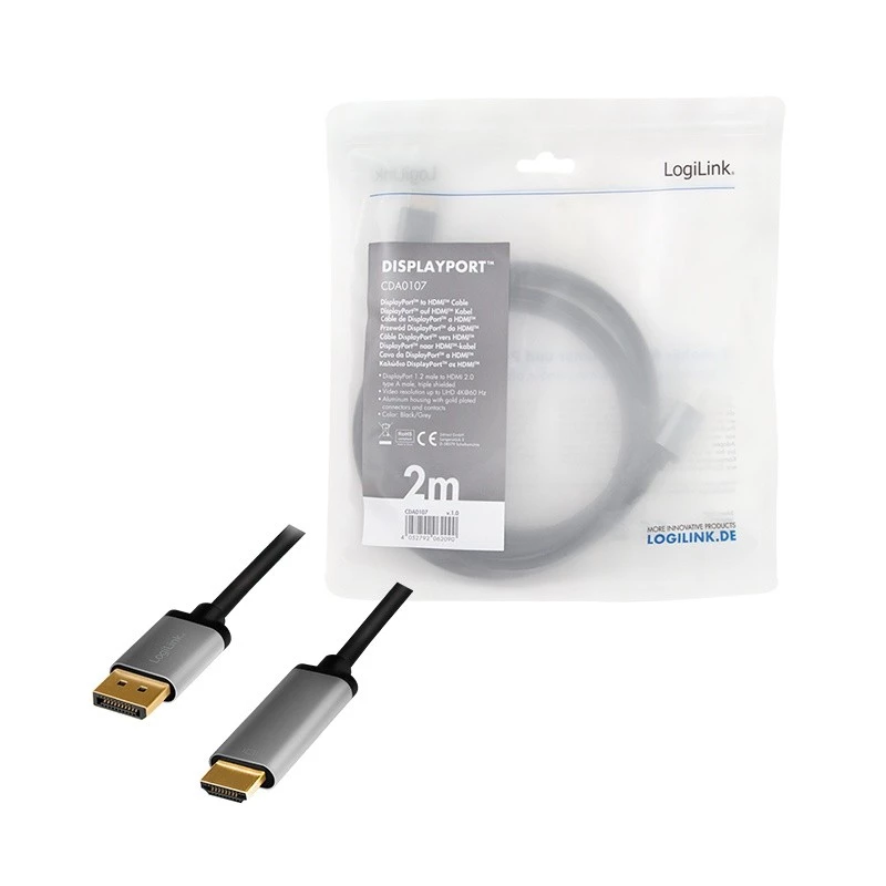 Adaptador de cabo de vídeo LogiLink CDA0107 2 m DisplayPort HDMI preto cinzento