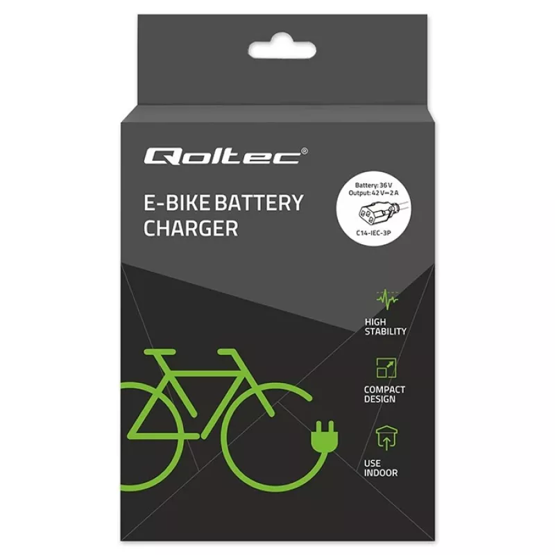 Carregador QOLTEC 36V–42V 2A com conector C14-IE de 3 polos para baterias de e-bike
