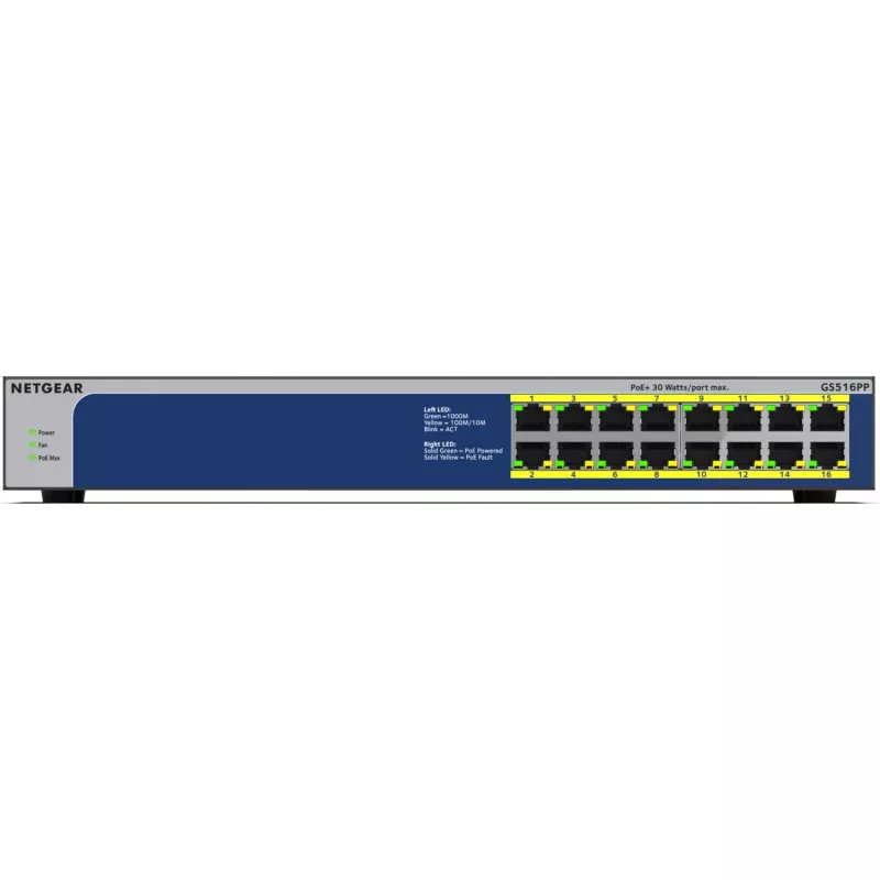 NETGEAR GS516PP Não gerido Gigabit Ethernet (10/100/1000) Power over Ethernet (PoE) azul, cinzento
