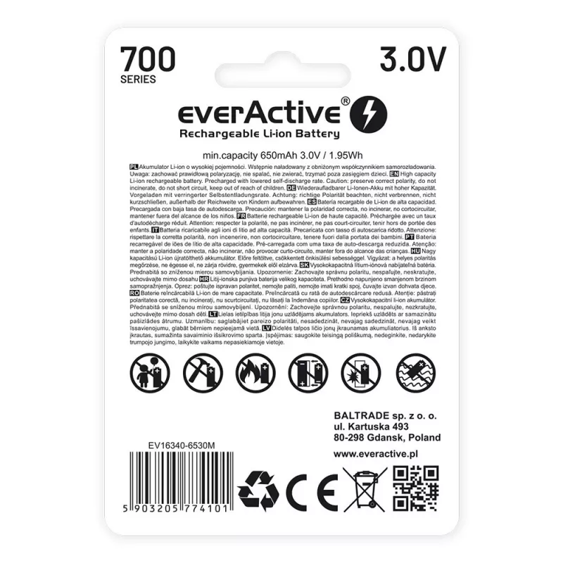 Bateria recarregável everActive EV16340 700mAh 3V com função de carregamento Micro-USB