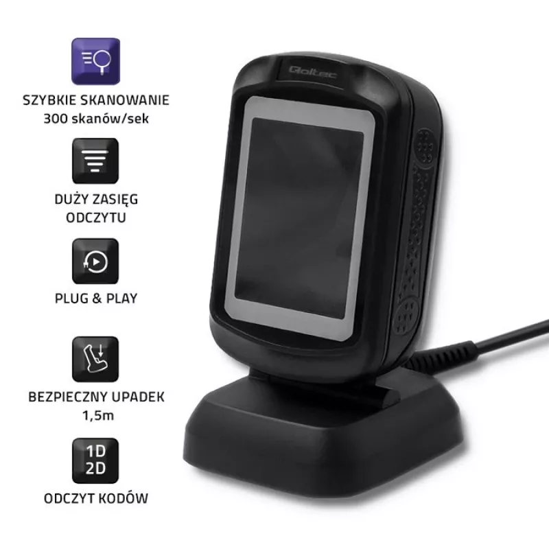 Leitor de códigos de barras fixo 1D/2D QOLTEC 50864, sensor LED, USB (com fios), preto, 145×85×80 mm
