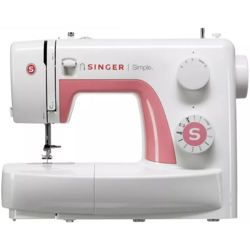 Singer Simple 3210 máquina de costura automática, eletromecânica, 10 pontos, casa de botão em 4 passos, braço livre, 85 W, branca/rosa