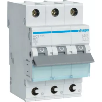 Hager MCS325. Corrente nominal: 25 A, frequência de entrada AC: 50/60 Hz. Tipo: característica de disparo C, quantidade de módulos (máx.): 3 módulo(s). Largura: 52,5 mm, profundidade: 70 mm, altura: 83,4 mm (MCS325)