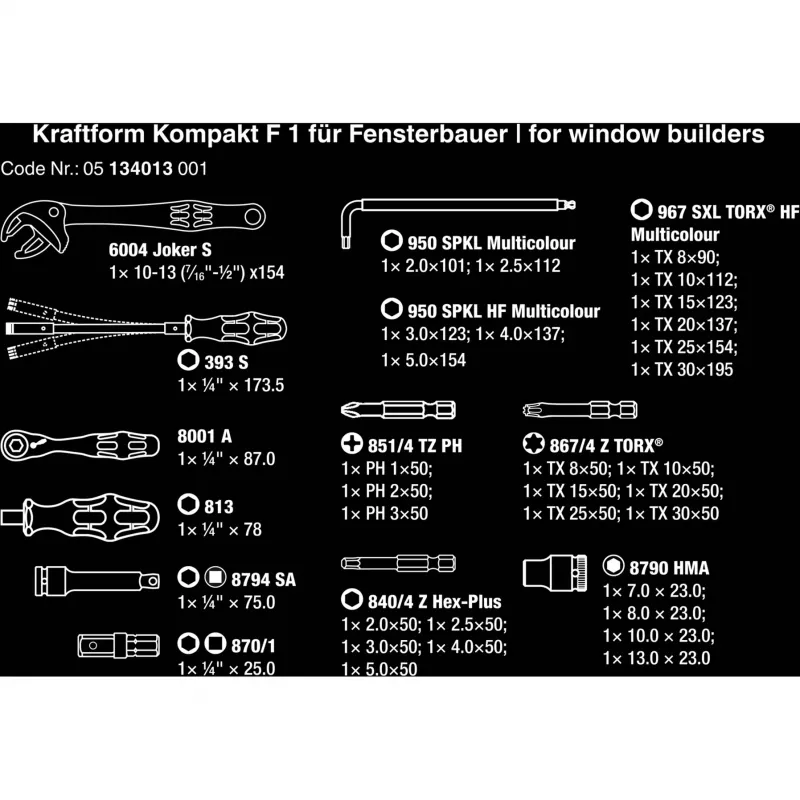 Kraftform Kompakt F 1, para instaladores de janelas, 35 peças, conjunto de ferramentas preto/verde, incl. catraca de bits Zyklop Mini 1, 1/4
