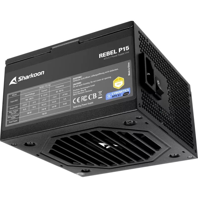 Fonte de alimentação Sharkoon Rebel P15 750, 750 W, 1x conector de GPU de alta potência de 12 pinos, 4x PCIe, cablagem modular