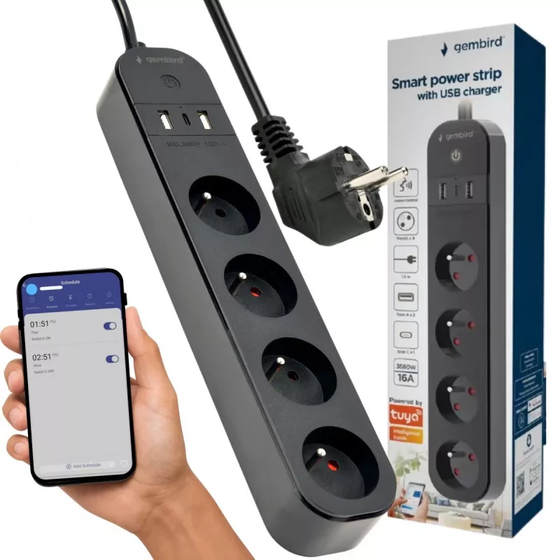Régua de tomadas GEMBIRD TSL-PS-F4U-02 com 4 tomadas PL e carregador USB, preto