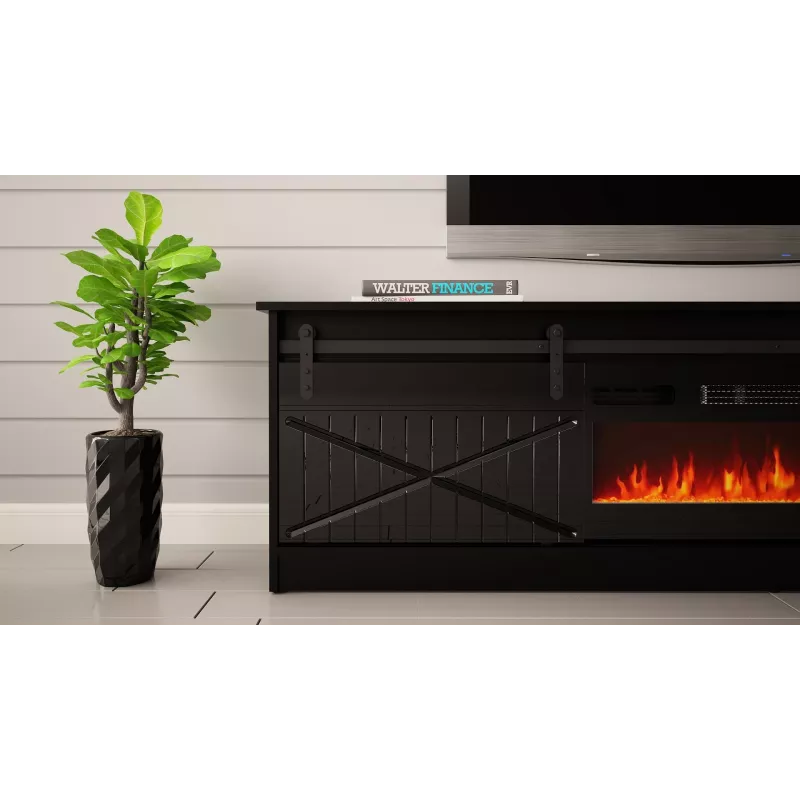 Suporte de TV com lareira Cama Meble modelo GRANERO – 200 x 56,7 x 35 cm, preto/preto brilhante, 2 portas, 2 prateleiras, portas de correr, MDF/aglomerado