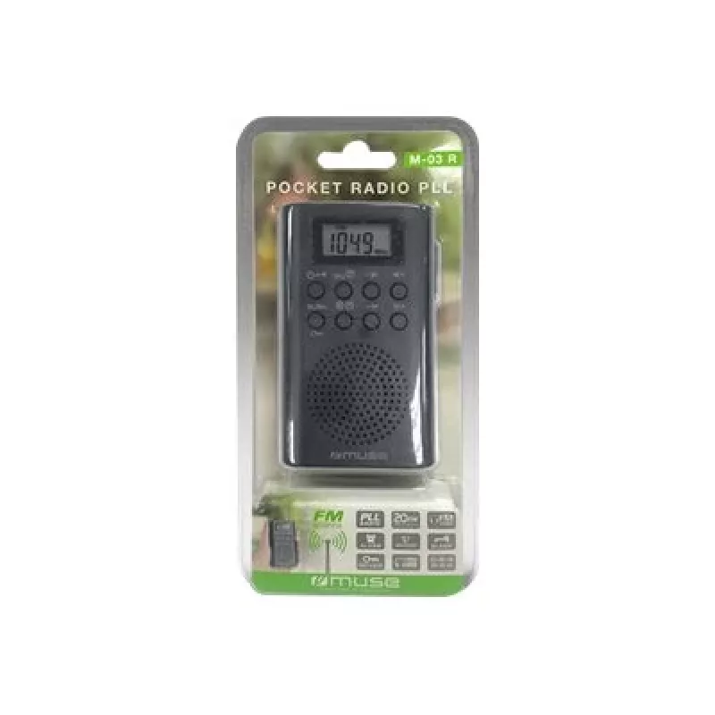 Rádio portátil Muse M-03 R com sintonização FM-PLL, visor LCD, antena externa, preto