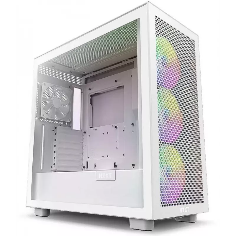 Caixa para PC NZXT H7 Flow RGB Midi Tower branca — vidro temperado, EATX, frente 3×120mm, USB-C