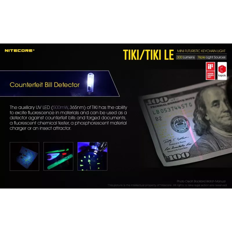Lanterna de mão Nitecore TIKI LE — 300 lm, recarregável por USB, policarbonato, IP66, resistente a impactos, 10,5 g, 55 mm, preta