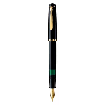 Pelikan M200, preto, dourado, sistema de enchimento integrado, resina, dourado, aparo itálico, dourado, aço inoxidável