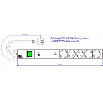 Bachmann 19 1HE 5xCEE7/3 800.39351x interruptor 1xGVS-Plus 2 0m CEE7/7
