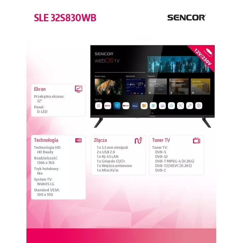 Televisor SENCOR SLE 32S830WB 32 polegadas LED Smart webOS 12V BT5.0