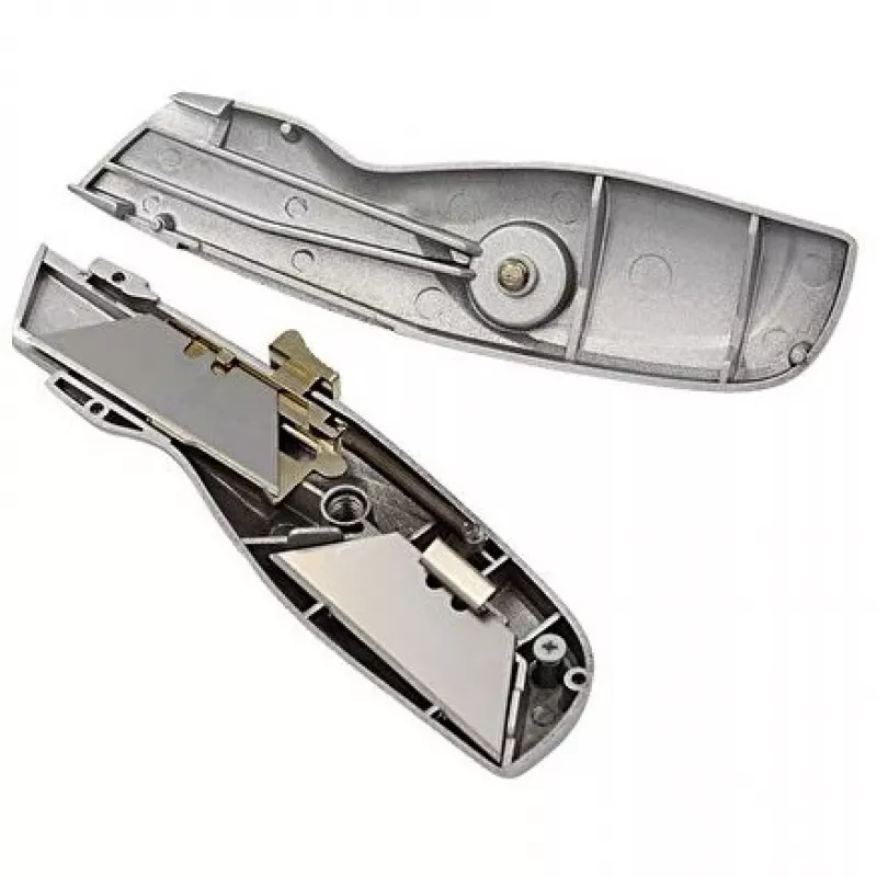 WEDO 78808 Safety-Cutter ALU x-ato, lâmina trapezoidal, com mola, retração automática, 2 lâminas sobresselentes, TÜV/GS, prateado