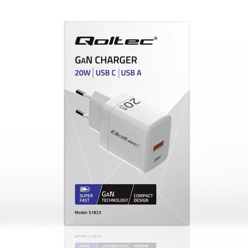 Carregador GaN QOLTEC 51823 20W fonte USB, saída 5V/20V