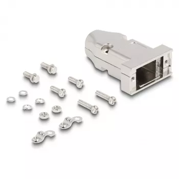 Passa-cabos DELOCK caixa D-Sub para 9 pinos macho/fêmea com alívio de tração, prateado, plástico, 31,6×46,2×15,6 mm