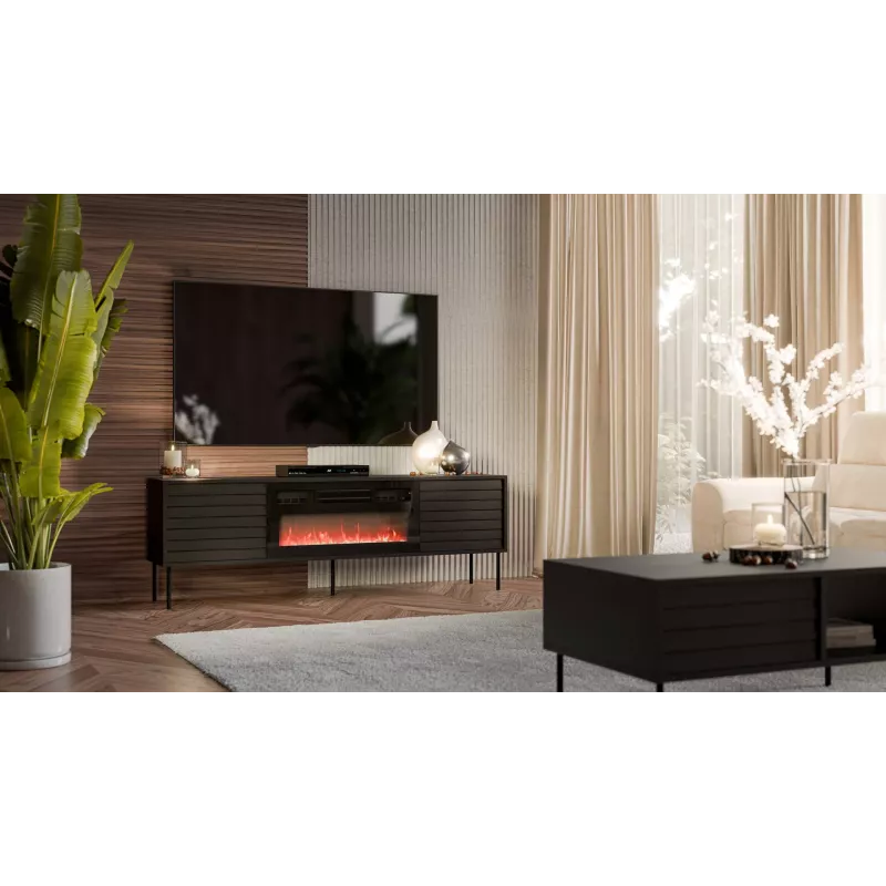 Móvel de TV Cama Meble CORTINA 180x40x60 cm preto com lareira preta