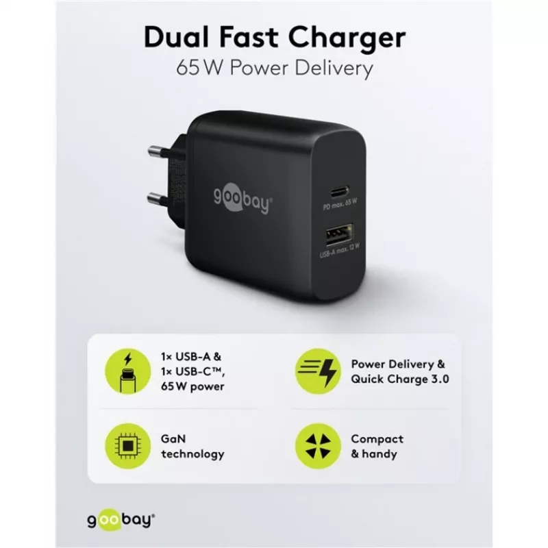 Carregador duplo rápido USB-C, PD, GaN, 65 Watt (preto, 1x USB-C, 1x USB-A, Power Delivery)
